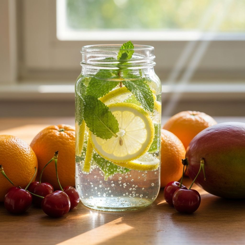 Glass of water with fresh herbs and fruits